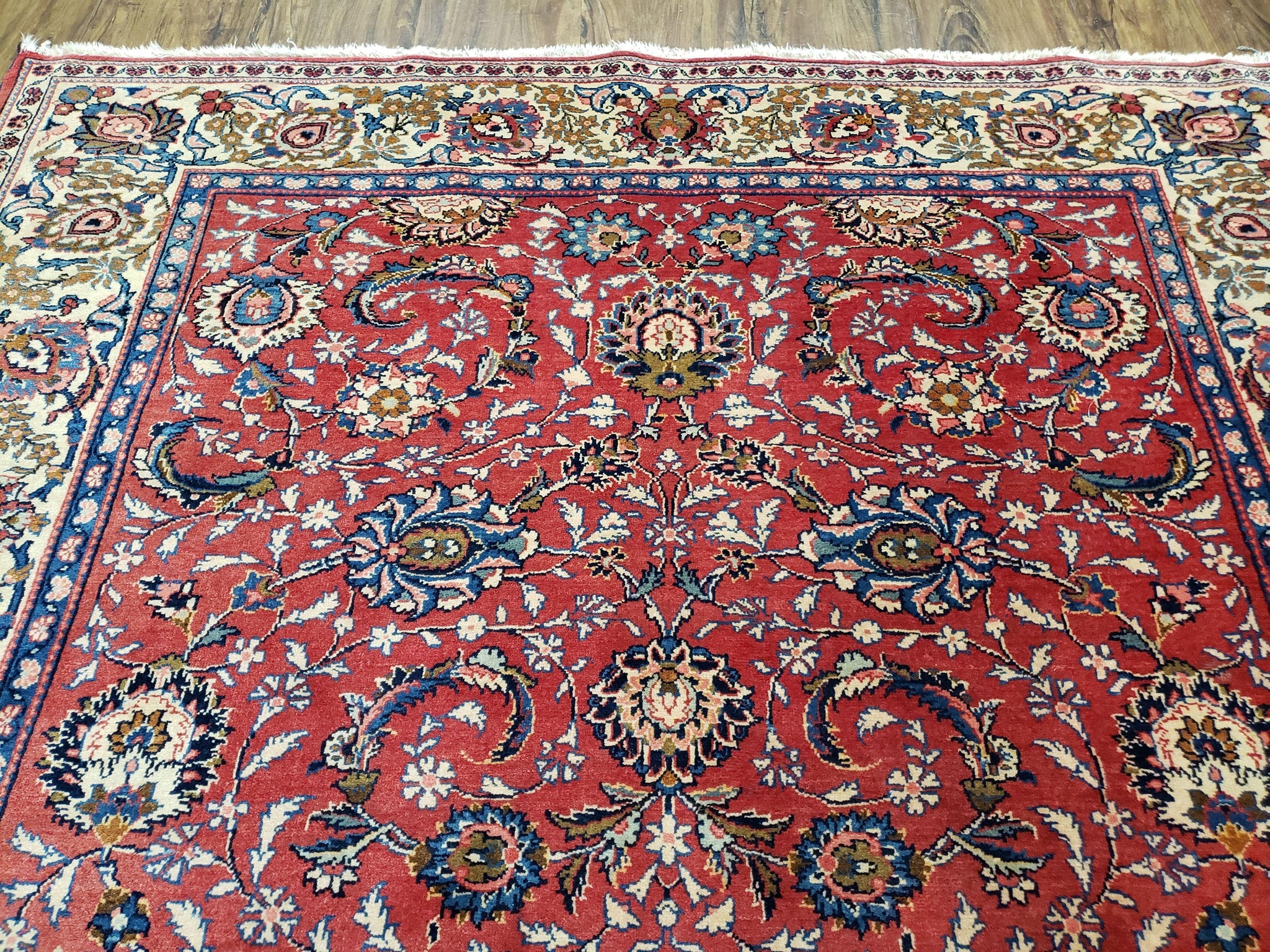 Semi Antique Persian Kashan, Red & Cream, Hand-Knotted, Wool, 4' 8" x 6' 6", Pair A by Jewel Rugs