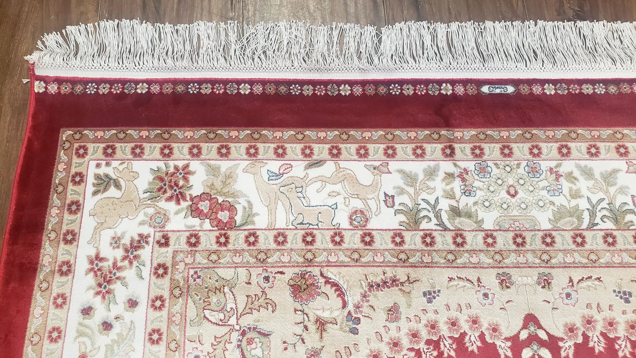 Silk Carpet 4x6 Dark Red & Cream, Tree of Life Rug, Animal Motifs, Birds Deer Rabbits, All Bamboo Silk, 4 x 6 Silk Area Rug by Jewel Rugs