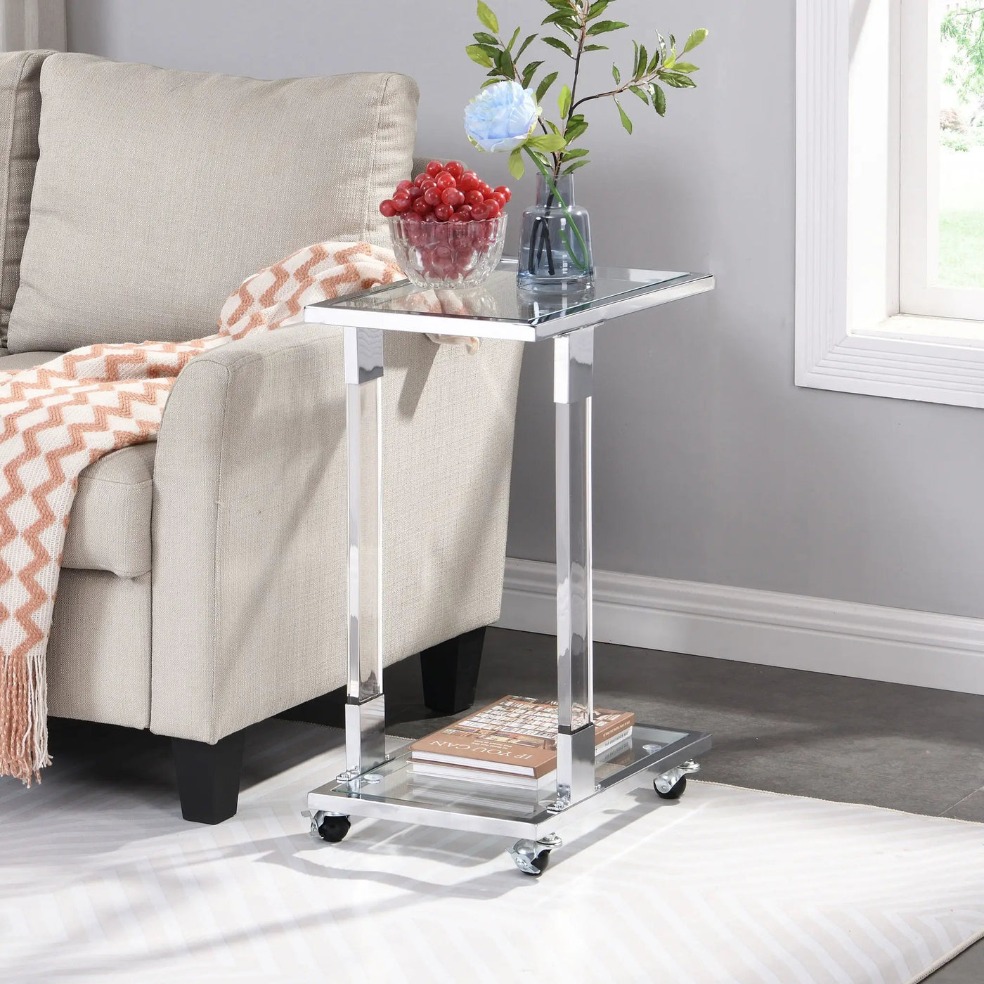 Side Table, Sofa Table, Glass Top C Shape Square Table With Metal Base For Living Room, Bedroom, Balcony Home And Office by Unique Piece Furniture