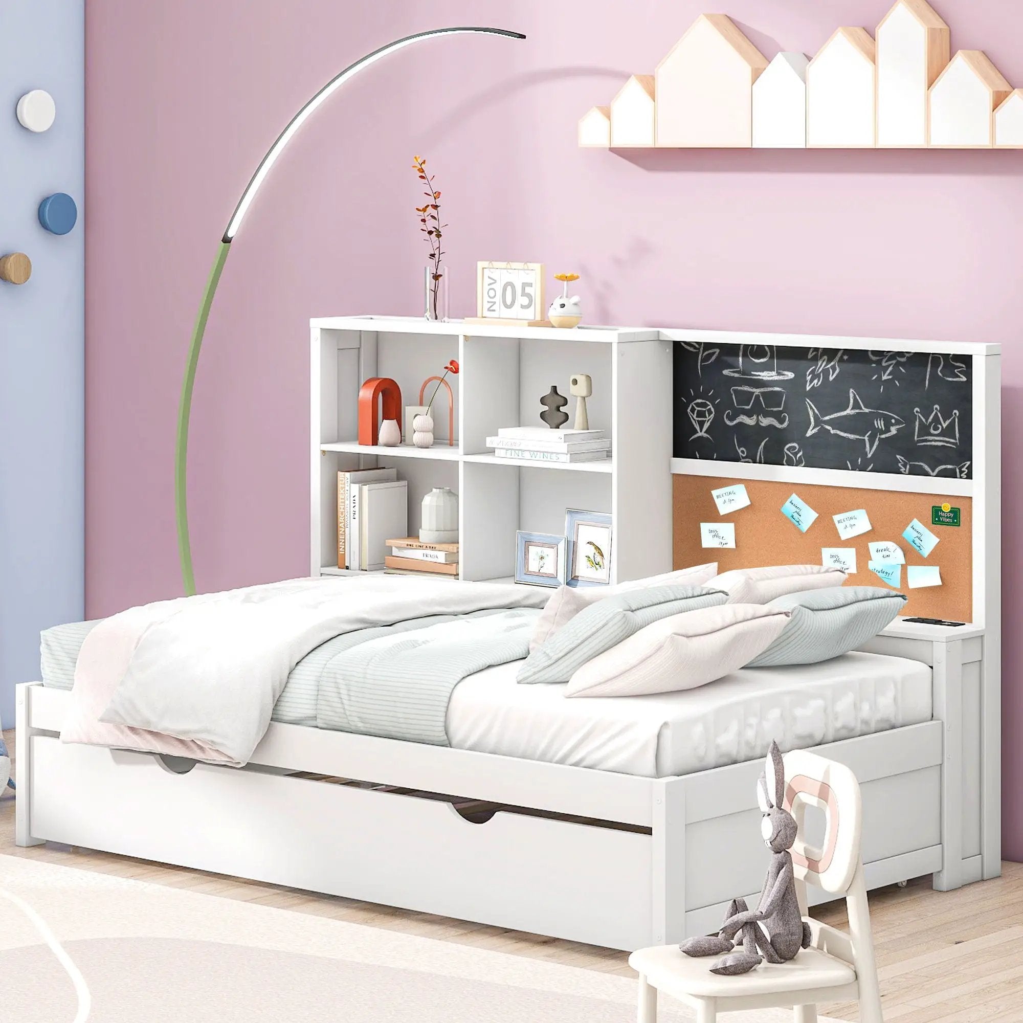 Twin Size Daybed With Storage Shelvesboard, Cork Board, USB Ports And Trundle - White by HouseOfZazla