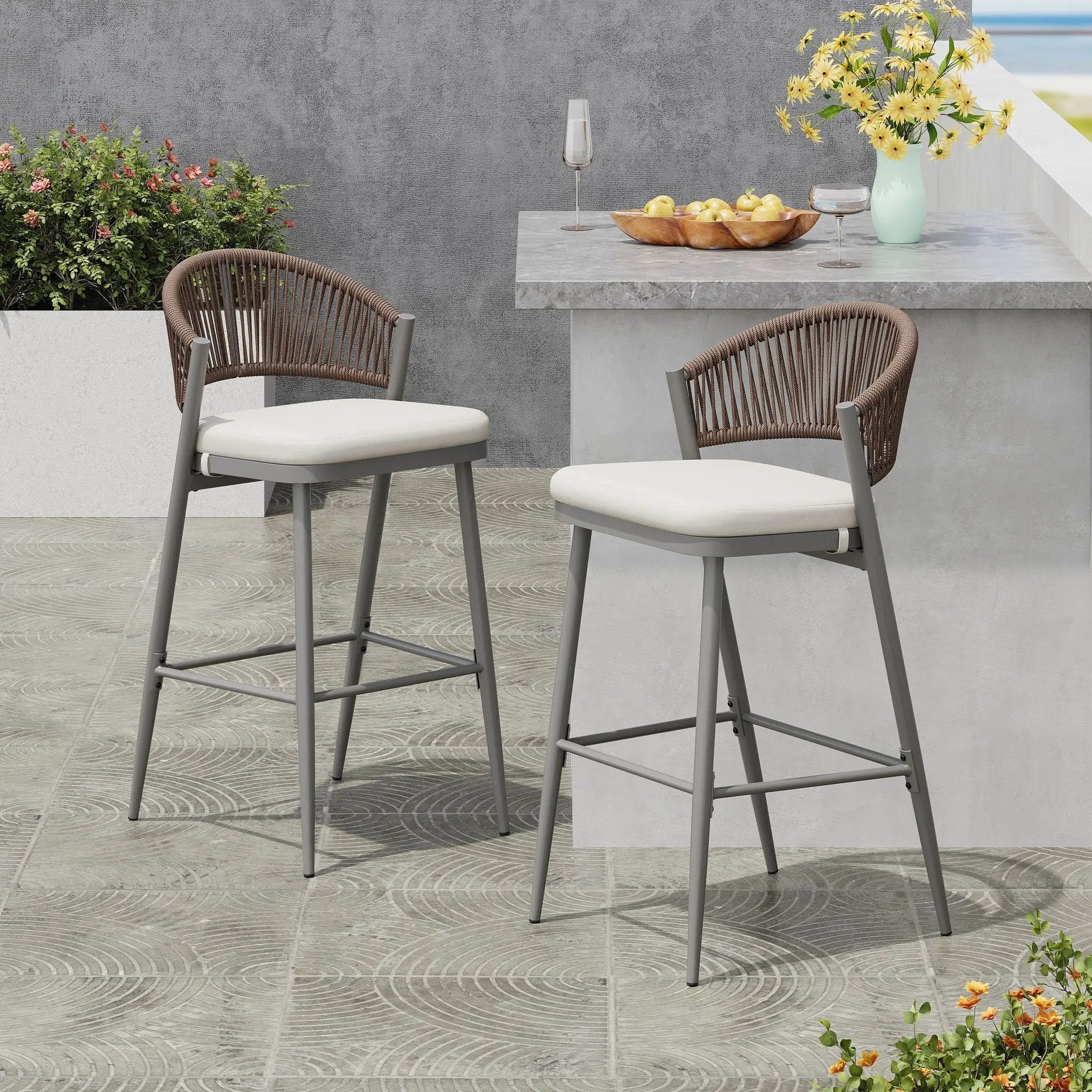 Outdoor Bar Height Metal Frame Counter Stools with Scallop-Shaped Backrest & Water-Resistant Cushions by HouseOfZazla