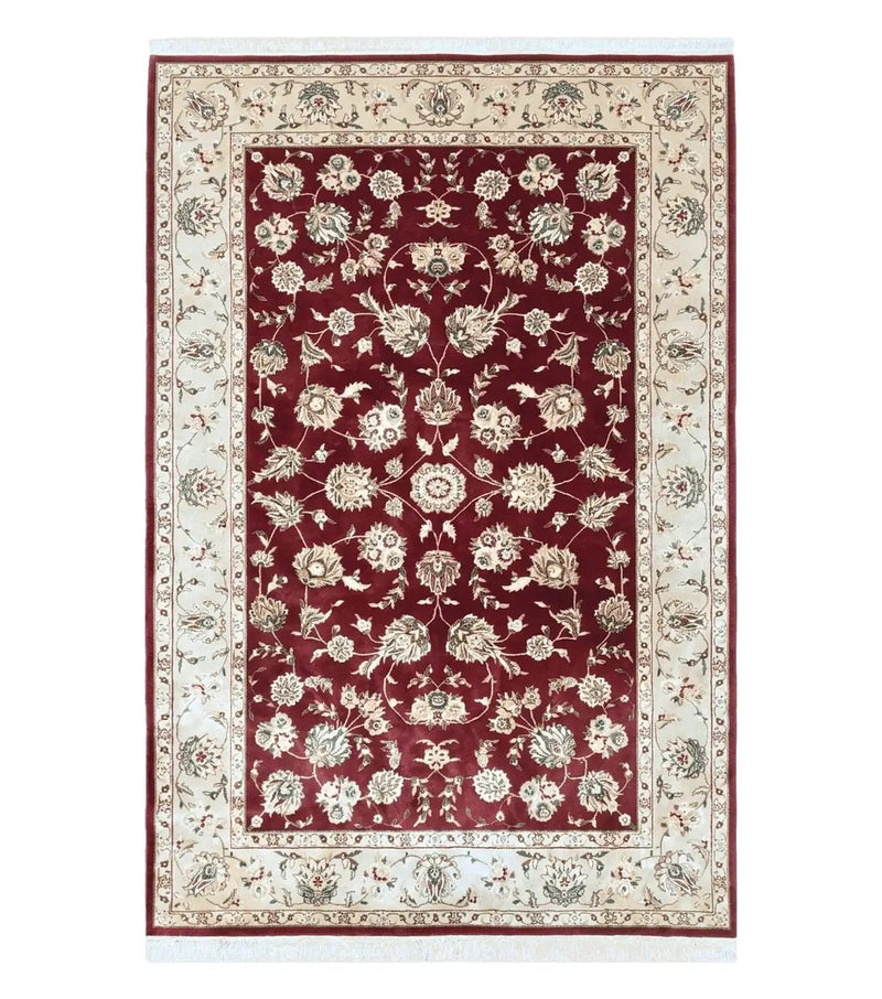 Vintage Traditional Oriental Area Rug, Hand-Knotted, Wool & Silk Accents, Maroon Red and Beige, 6x9 Carpet, 5' 9" x 9' by Jewel Rugs
