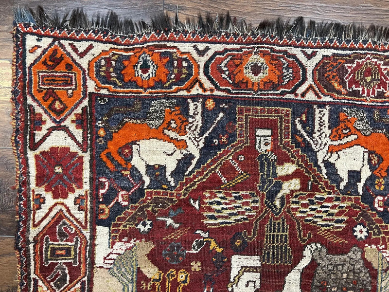 Antique Persian Shiraz Pictorial Rug 3.6 x 5, Persian Tribal Rug, Handmade, Lions, Highly Unique Collectible Small Persian Carpet, Maroon, Wool by Jewel Rugs