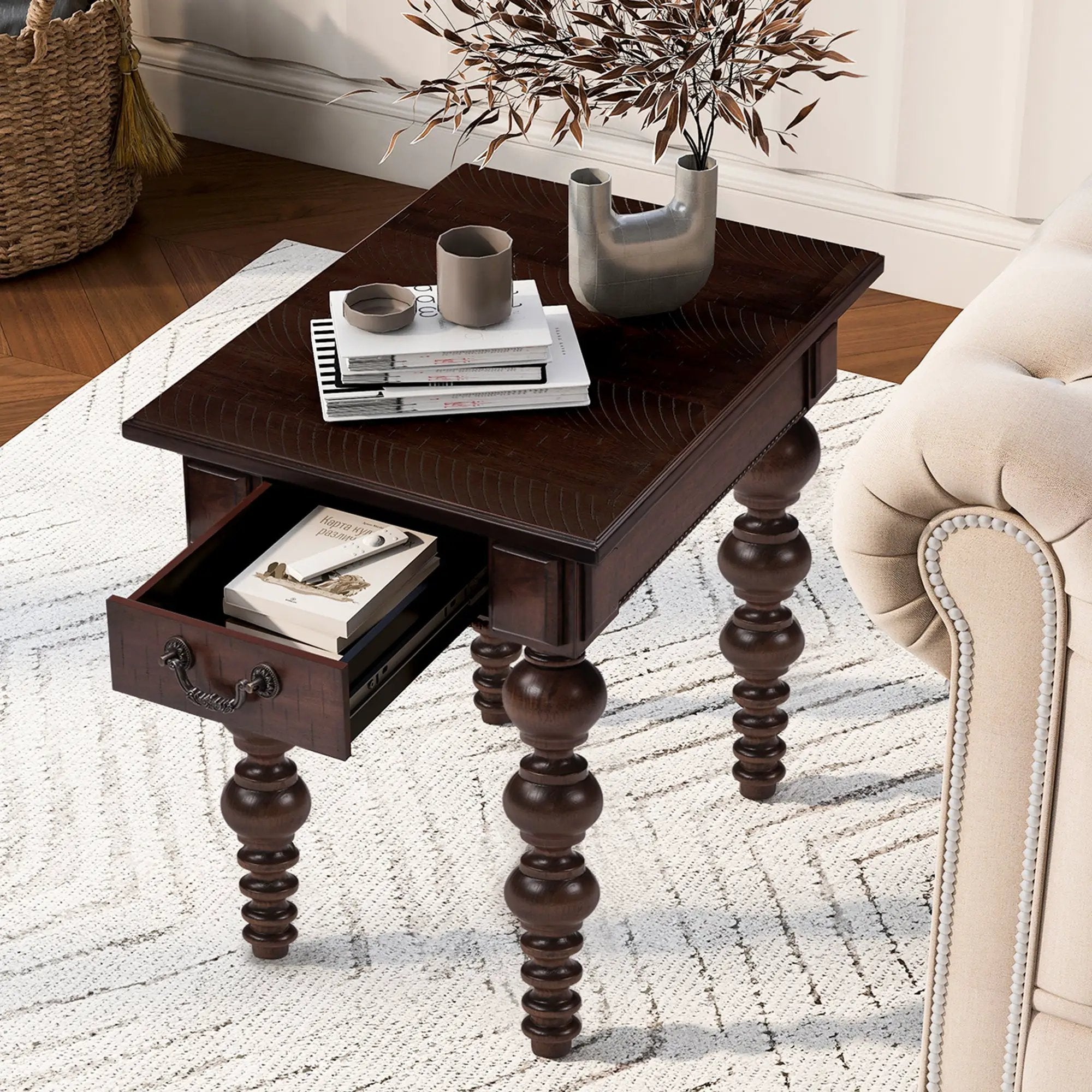 Solid Wood End Table with Drawer in Espresso Finish by HouseOfZazla