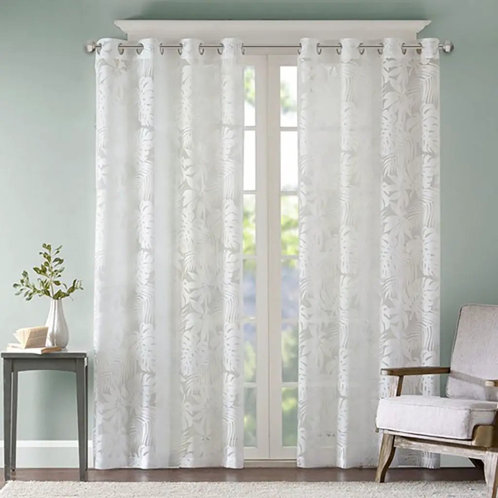 Palm Leaf Burnout Sheer Window Curtain White 50x63 by HouseOfZazla