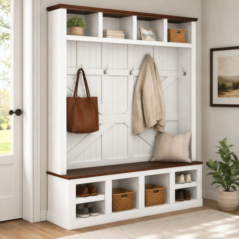 Farmhouse Hall Tree with Bench and Shoe Storage by HouseOfZazla