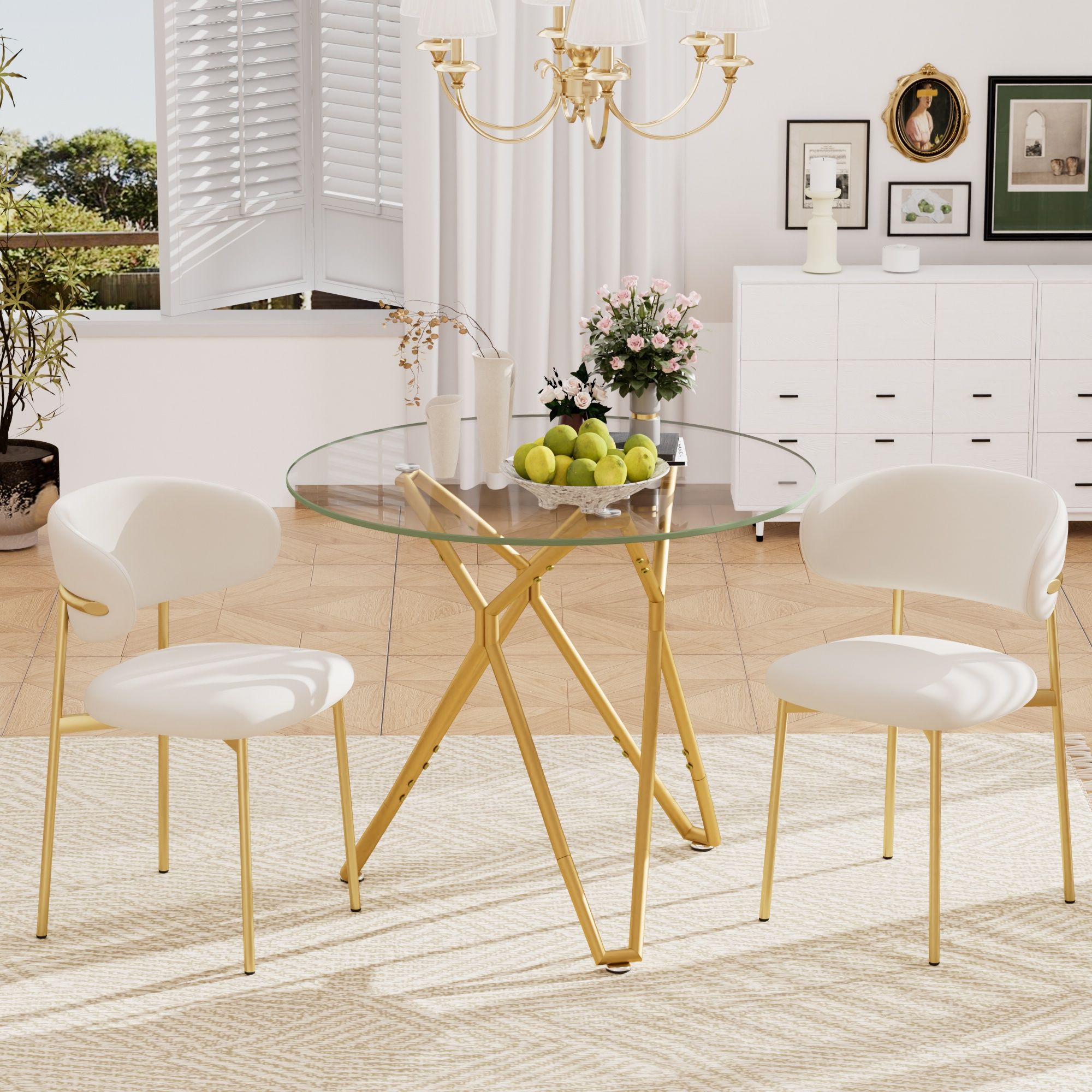 Modern Round Tempered Glass Dining Table With Sturdy Metal Legs For 1 - 4 People - Gold by HouseOfZazla