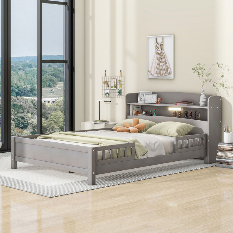 Wood Platform Bed With Built In LED Light, Storage Headboard And Guardrail by Unique Piece Furniture