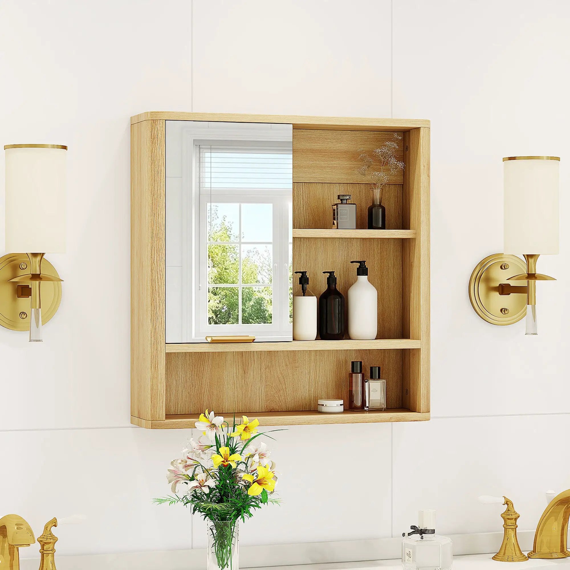 Natural Wood Finish Wall Mounted Mirror Cabinet by HouseOfZazla