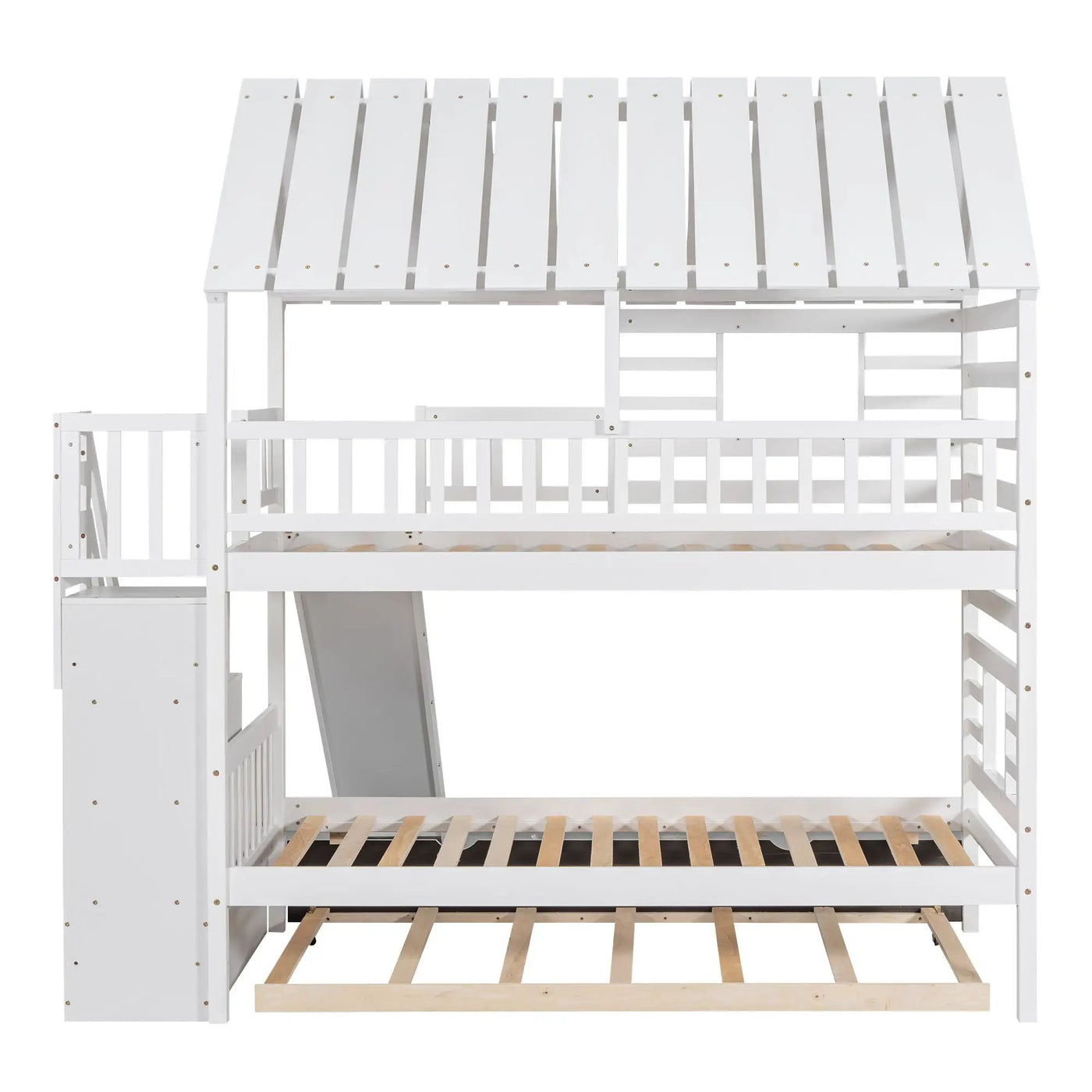 House Bunk Bed With Trundle, Storage Staircase, Roof And Window Design by Unique Piece Furniture