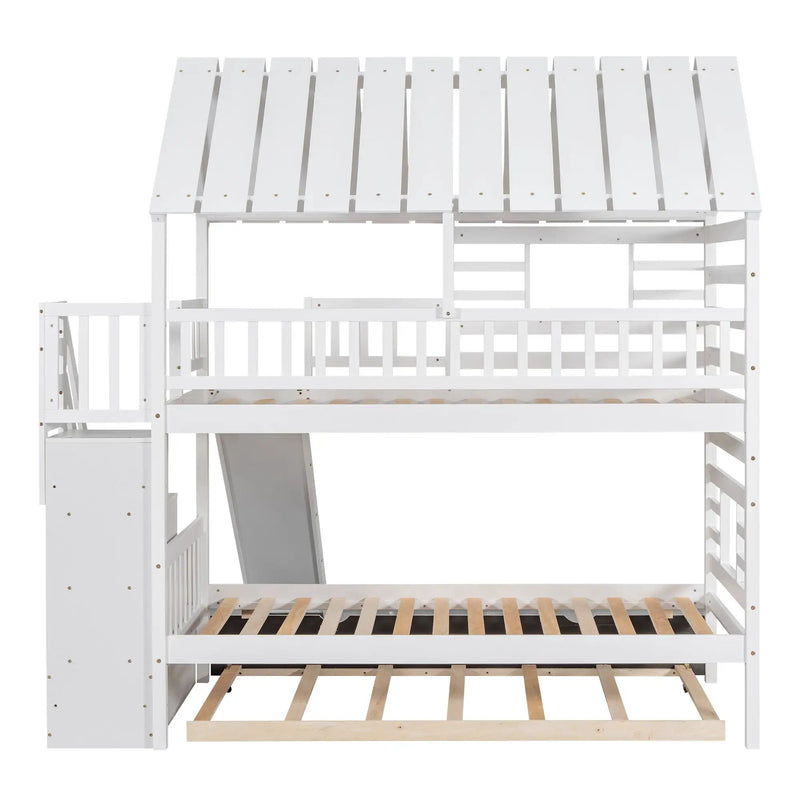House Bunk Bed With Trundle, Storage Staircase, Roof And Window Design by Unique Piece Furniture