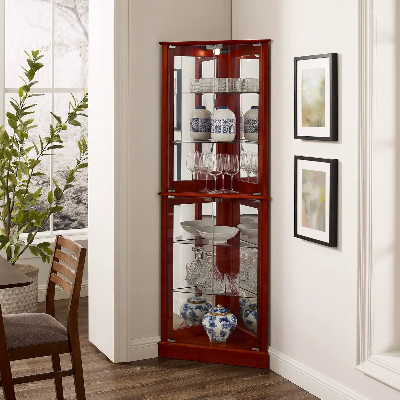 Corner Curio Dispaly Cabinet With Lights, Adjustable Tempered Glass Shelves, Mirrored Back (E26 Light Bulb Not Included) by Unique Piece Furniture
