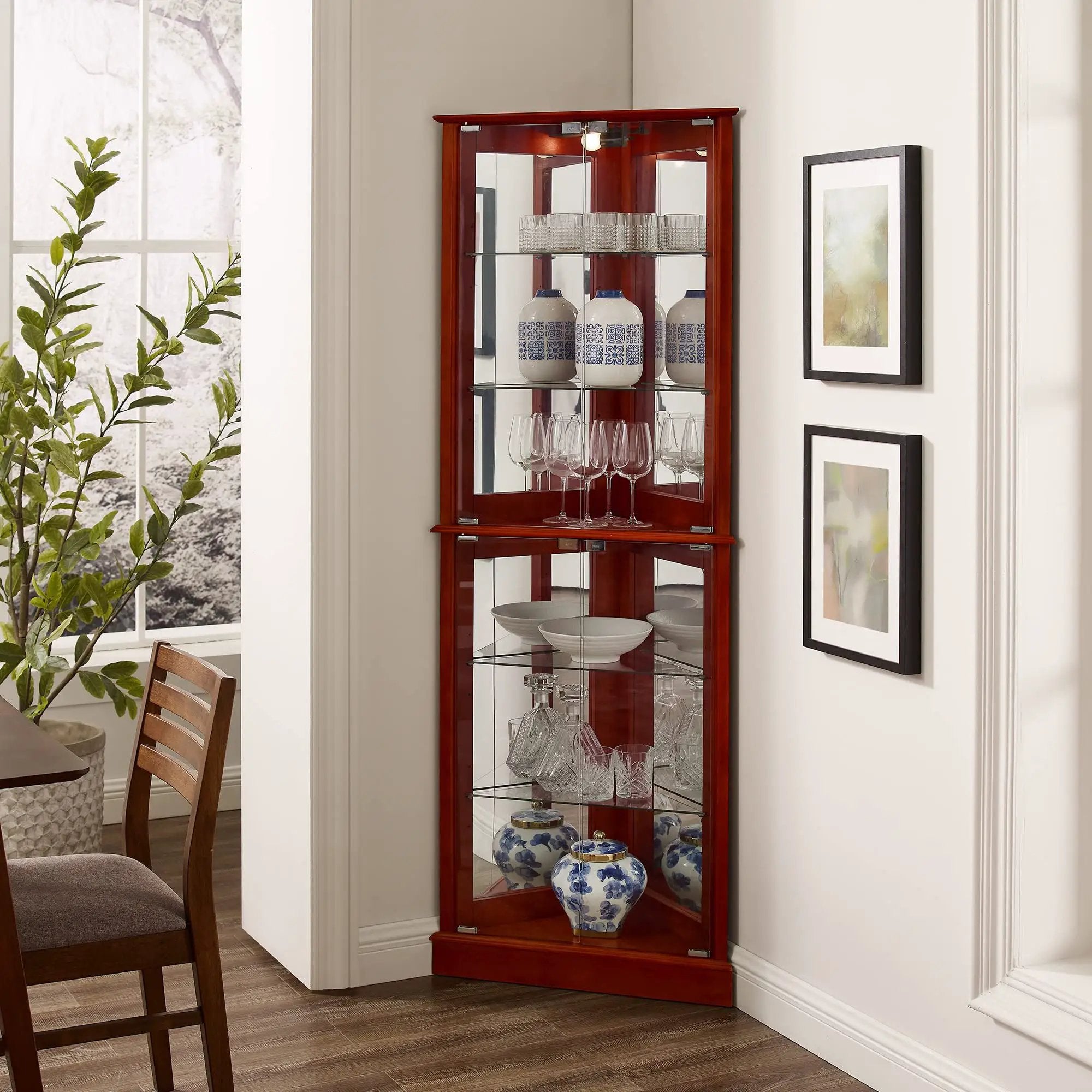 Corner Curio Dispaly Cabinet With Lights, Adjustable Tempered Glass Shelves, Mirrored Back (E26 Light Bulb Not Included) by Unique Piece Furniture