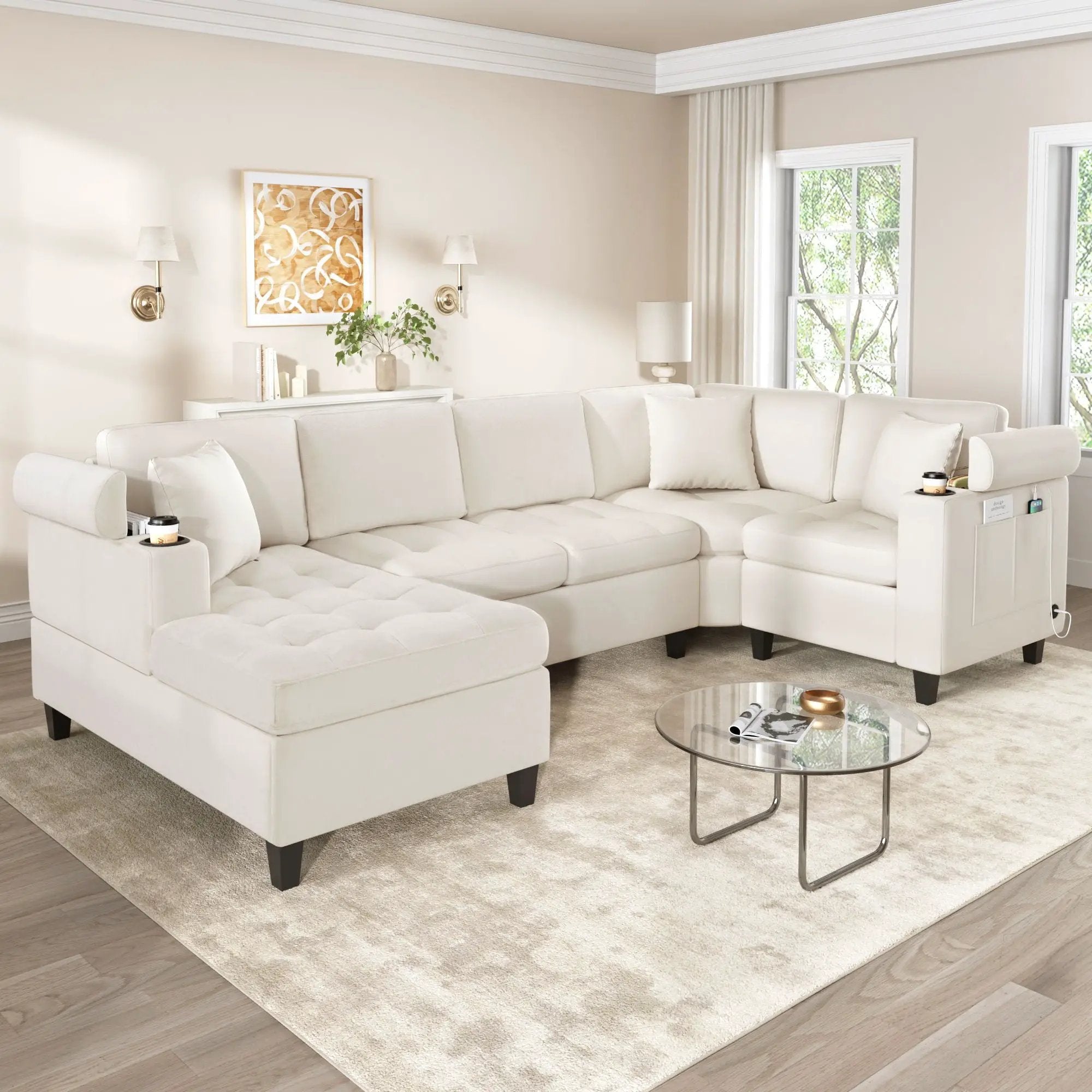 U Shaped Sectional Sofa, Corner Living Room Couch With Built In Cup Holders, Storage, USB Ports by Unique Piece Furniture
