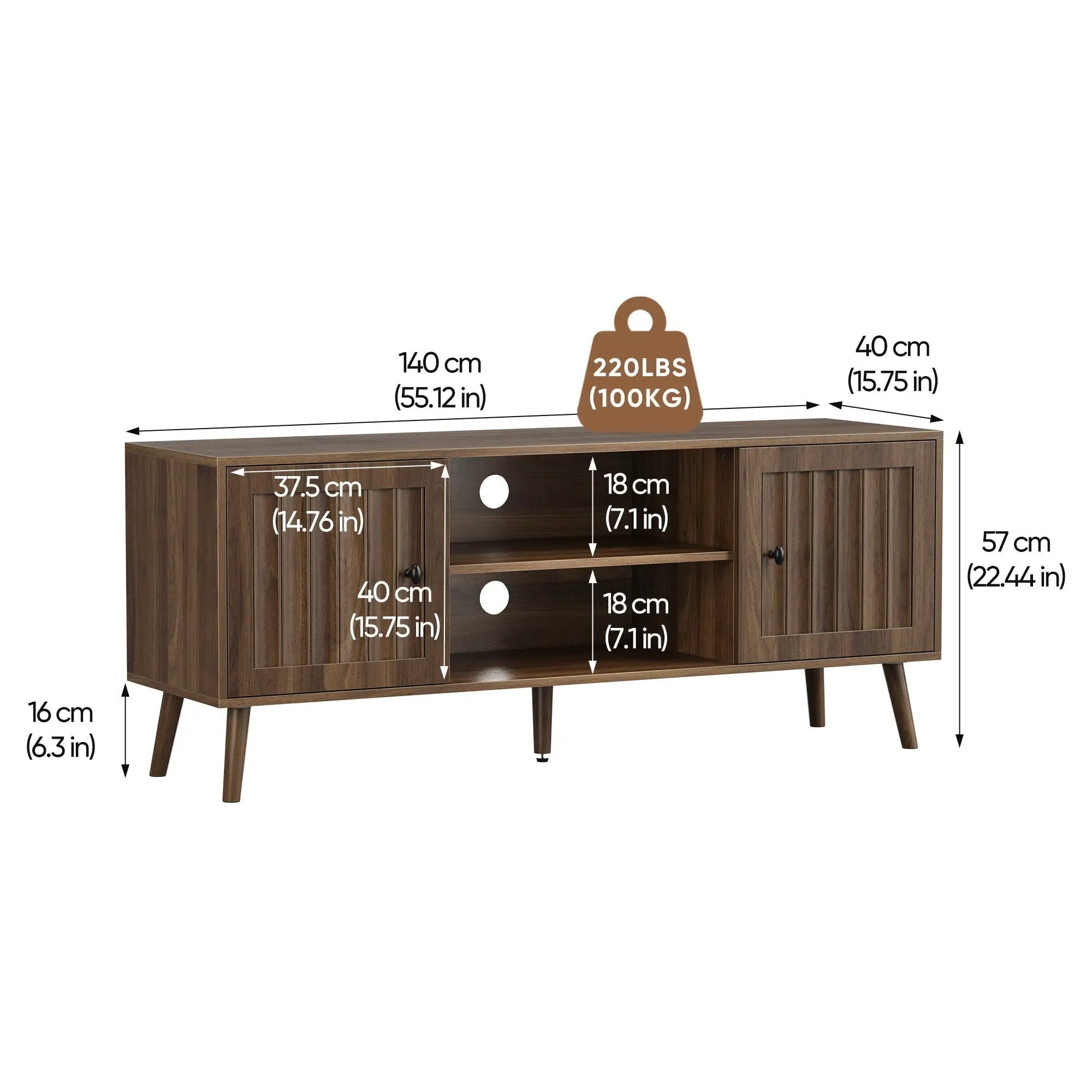 55" TV Cabinet With Vertical Groove Doors, Adjustable Shelves - Walnut by Unique Piece Furniture