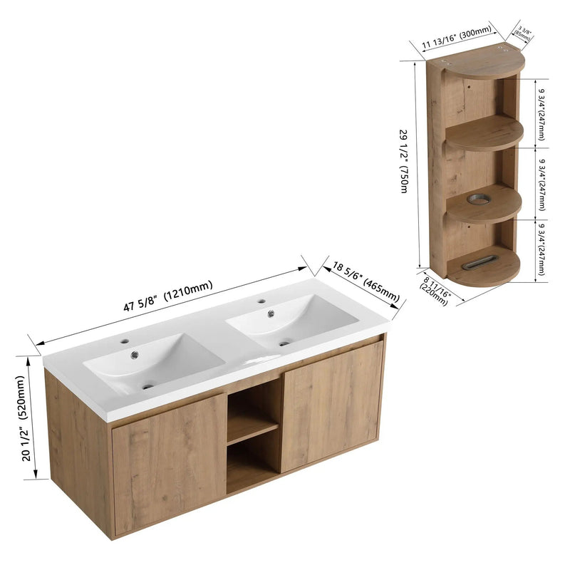 48" Wall Mounted Bathroom Vanity With Double Resin Sink And Storage Rack Soft Close Doors Plywood Construction - Imitative Oak by HouseOfZazla