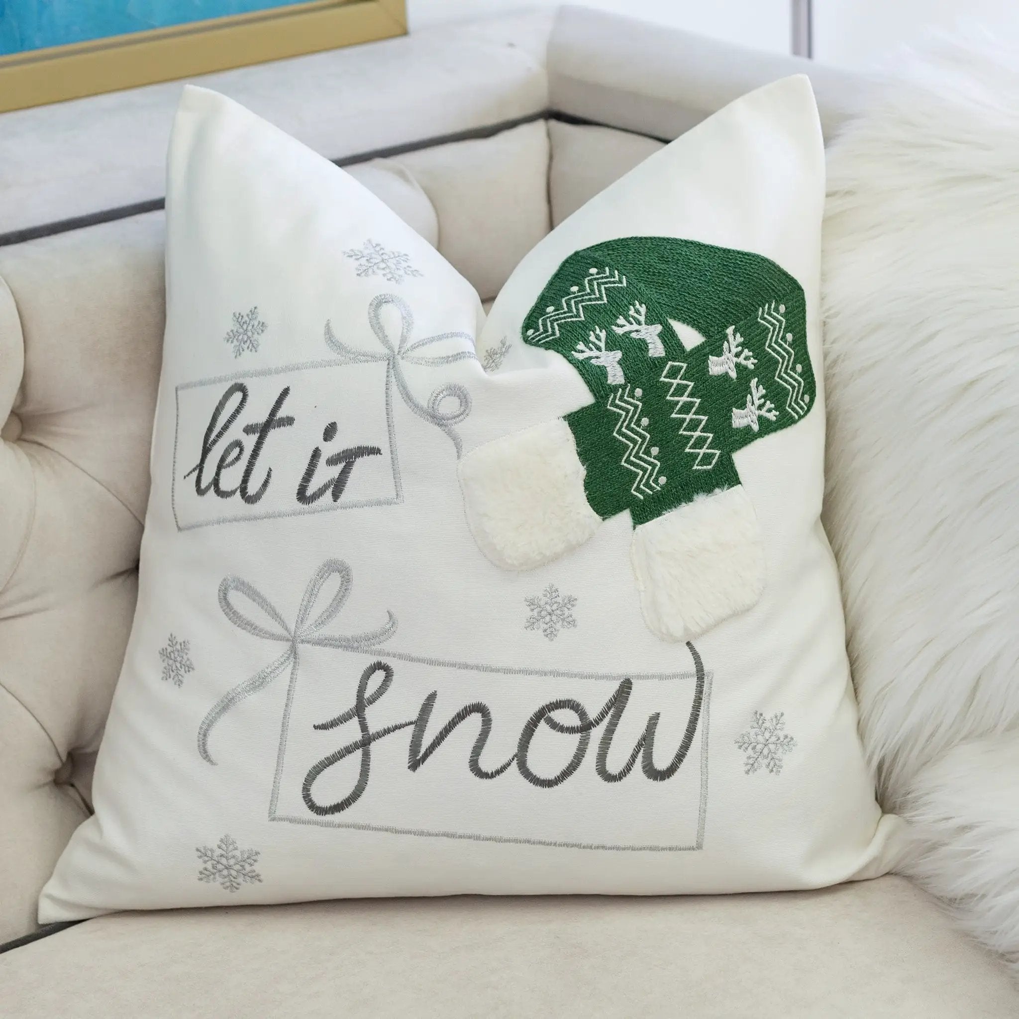 Let It Snow Christmas Throw Pillow 20x20 Cotton Cushion by HouseOfZazla