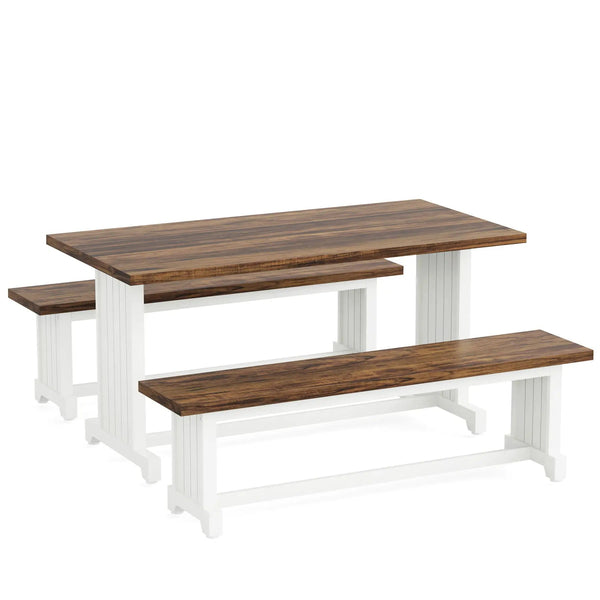 3 Piece Dining Table Set For 2 - 4, With Space Saving Benches - Brown / White