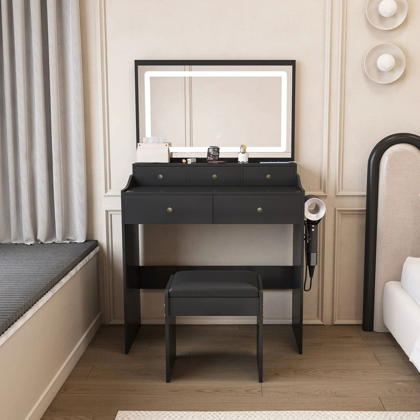 Modern Makeup Vanity Set With Power Outlet, Hair Dryer Holder, And Adjustable Lighting by HouseOfZazla