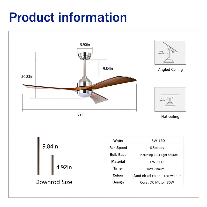 52" Solid Wood Blades Ceiling Fan with Lights and Remote Control by HouseOfZazla
