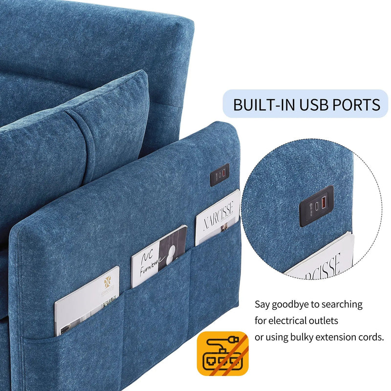 Pull Out Sleep Sofa Bed Loveseats Sofa Couch With Adjsutable Backrest, Storage Pockets, 2 Soft Pillows, USB Ports For Living Room, Bedroom, Apartment, Office by Unique Piece Furniture
