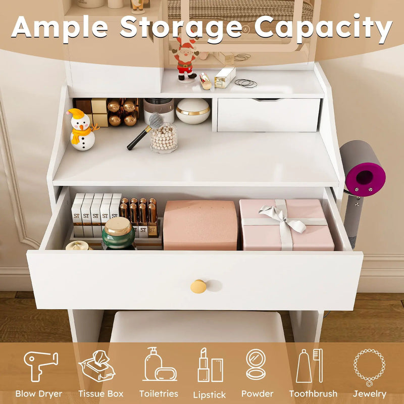 LED Vanity Mirror With Stool, 2 Drawers & 5 Storage Cabinets, Adjustable Lighting Mdf Dressing Table For Bedroom - White by Unique Piece Furniture