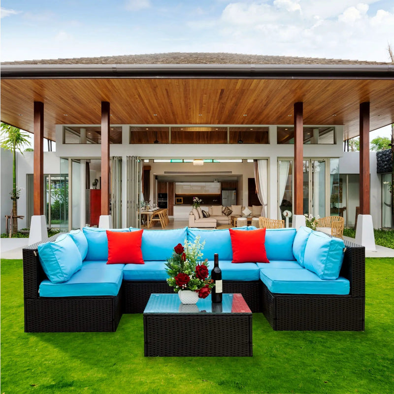 5 Pieces Rattan Sectional Outdoor Furniture Cushioned U Sof Set With 2 Pillow - Black / Blue by HouseOfZazla