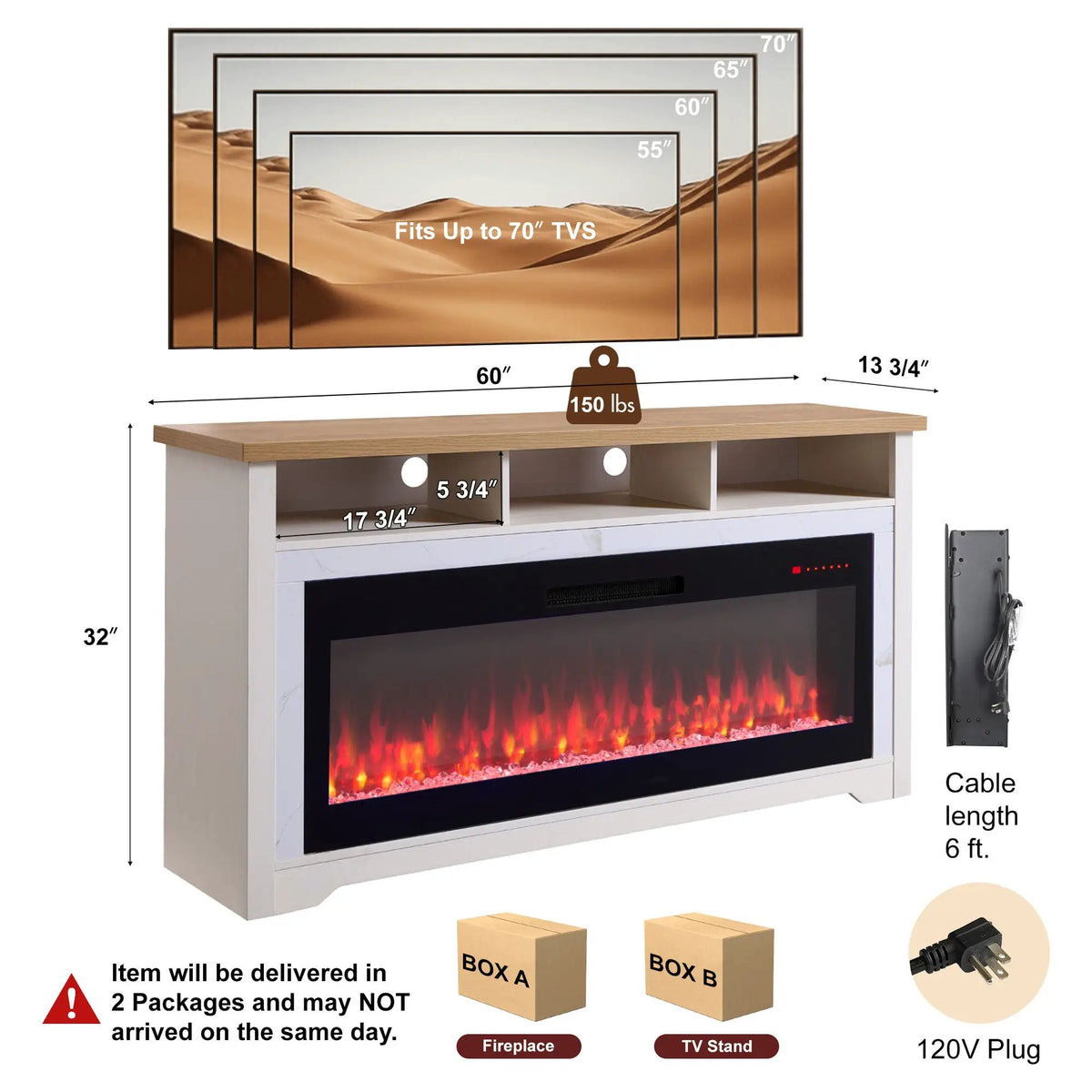 60 Inch Fireplace TV Stand for TVs Up to 70" with 50" Smart Electric Fireplace by HouseOfZazla