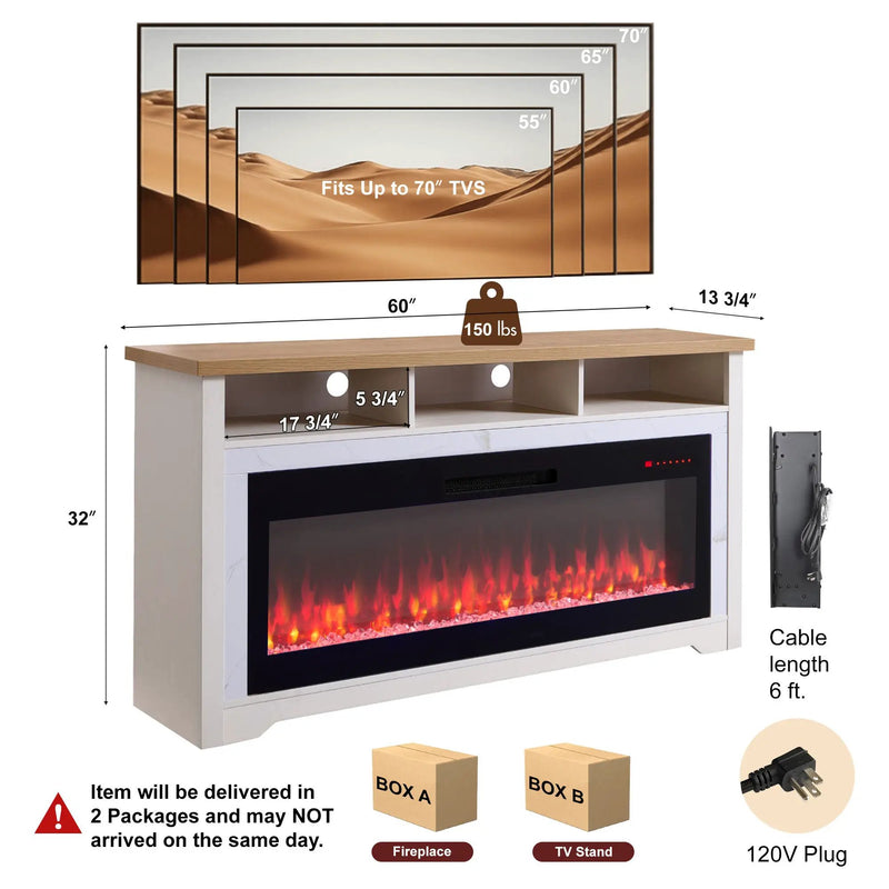 60 Inch Fireplace TV Stand for TVs Up to 70" with 50" Smart Electric Fireplace by HouseOfZazla