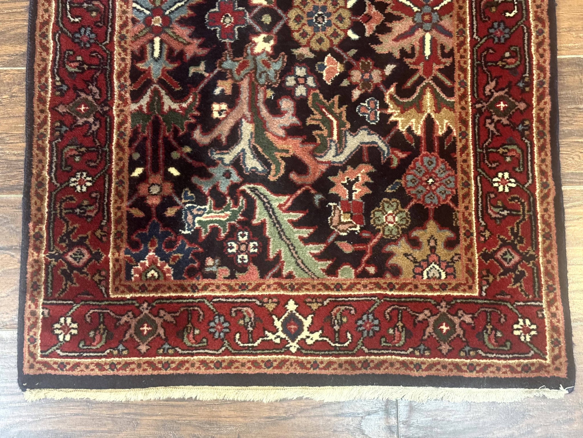 Indo Persian Runner Rug 2.7 x 13, Navy Blue and Red, Allover Floral, Wool, 13ft Runner by Jewel Rugs