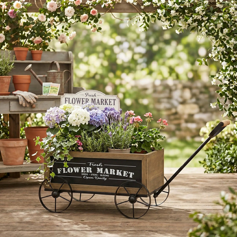 16.5x9.5x8" Rustic Wooden Wagon Planter with Flower Market Sign by HouseOfZazla