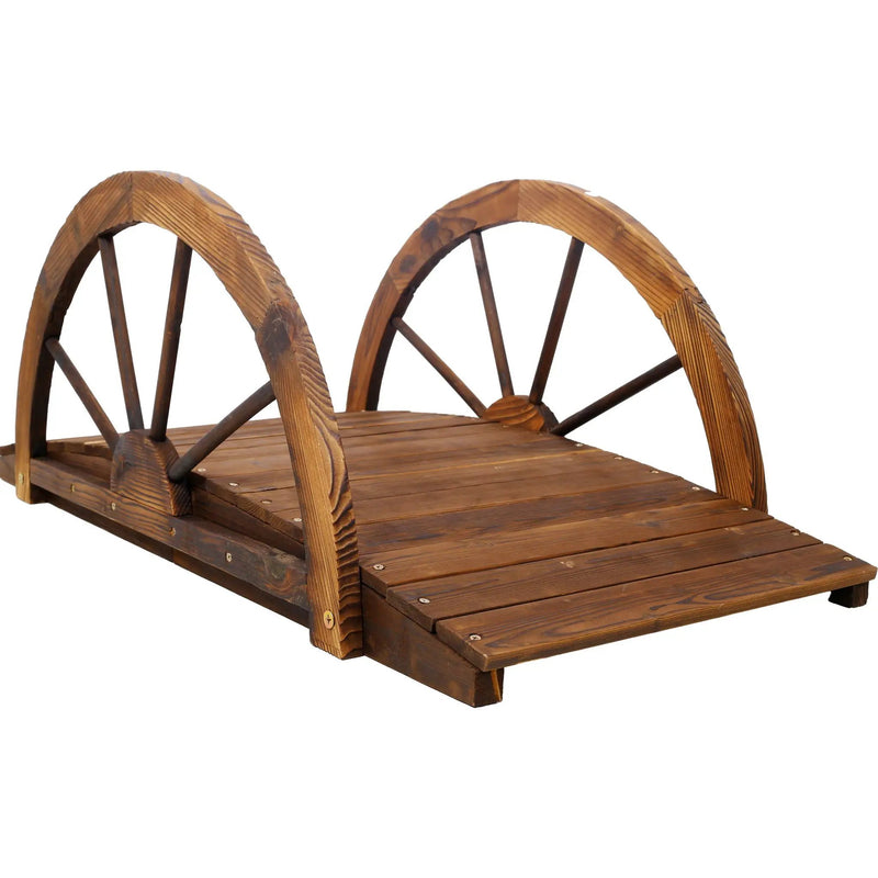 Wooden Garden Bridge Arc Footbridge With Half Wheel Railings Solid Fi - Brown by HouseOfZazla