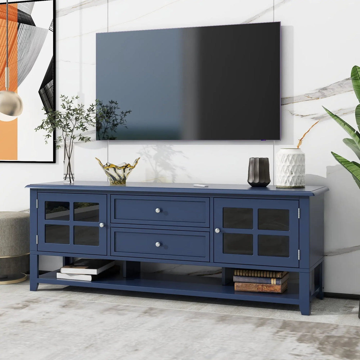TV Stand, Entertainment Center With Dual Drawers And Hidden Storage, Cabinet With Soft Closing Doors And Sleek Panel Design by HouseOfZazla
