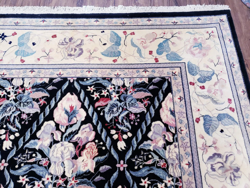 Sino-Persian Kirman Rug 9x12 Floral Handmade Wool Carpet Black & Ivory Vintage by Jewel Rugs