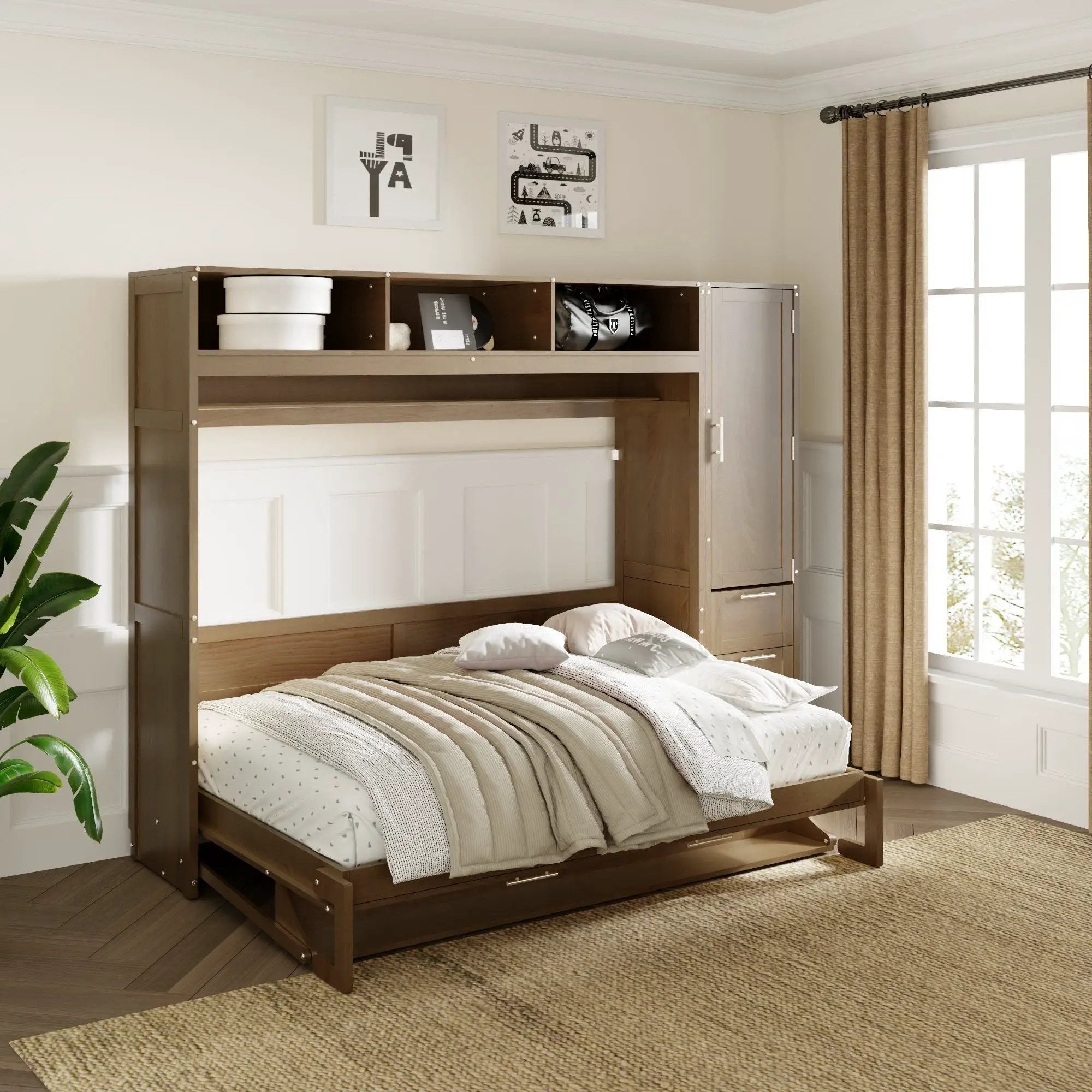 Full Size Murphy Bed With Wardrobe, Drawers, And Open Shelves - Wood