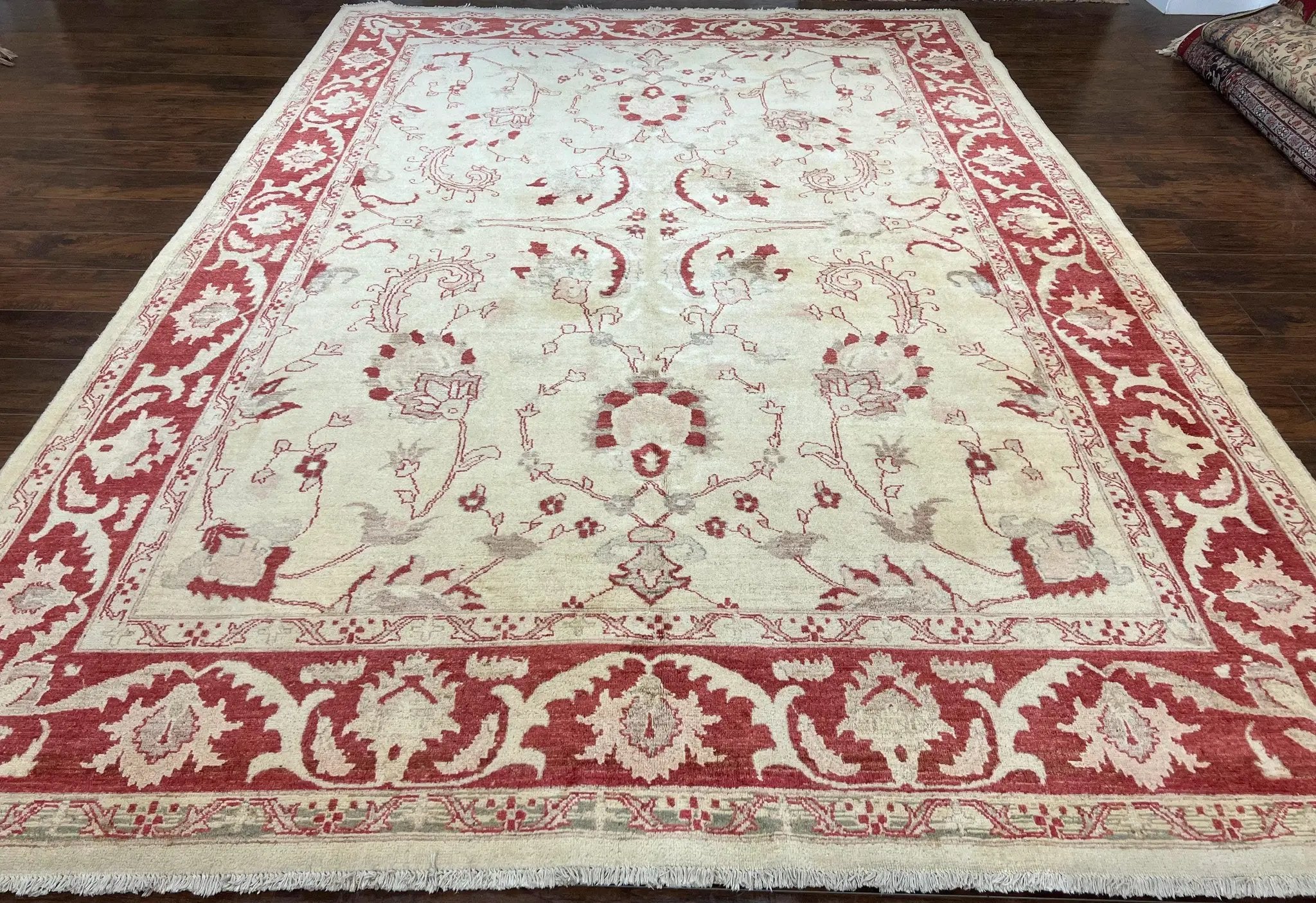 Peshawar Rug 8x12 Pakistani Carpet, Oriental Rug 8 x 12 Chobi Rug, Beige and Red, Allover Large Floral Design, Hand Knotted Vintage Wool by Jewel Rugs