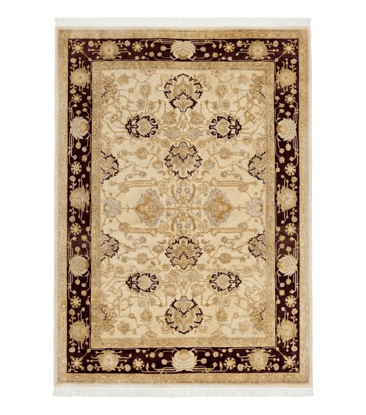 Peshawar Rug 5x7, Beige and Maroon, Vintage Handmade Wool Traditional Carpet 5 x 7 ft, Pakistani Rug, Agra Pattern, Very Fine 260 KPSI by Jewel Rugs