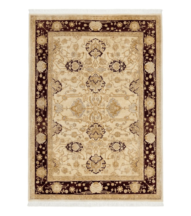 Peshawar Rug 5x7, Beige and Maroon, Vintage Handmade Wool Traditional Carpet 5 x 7 ft, Pakistani Rug, Agra Pattern, Very Fine 260 KPSI by Jewel Rugs