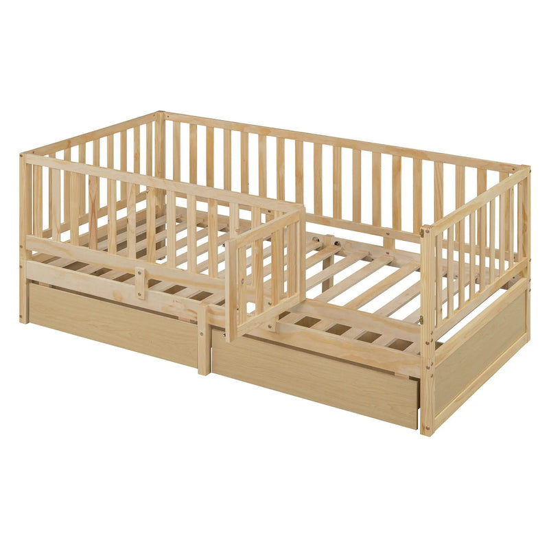 Daybed With Fence Guardrails And 2 Drawers, Split Into Independent Floor Bed & Daybed by HouseOfZazla