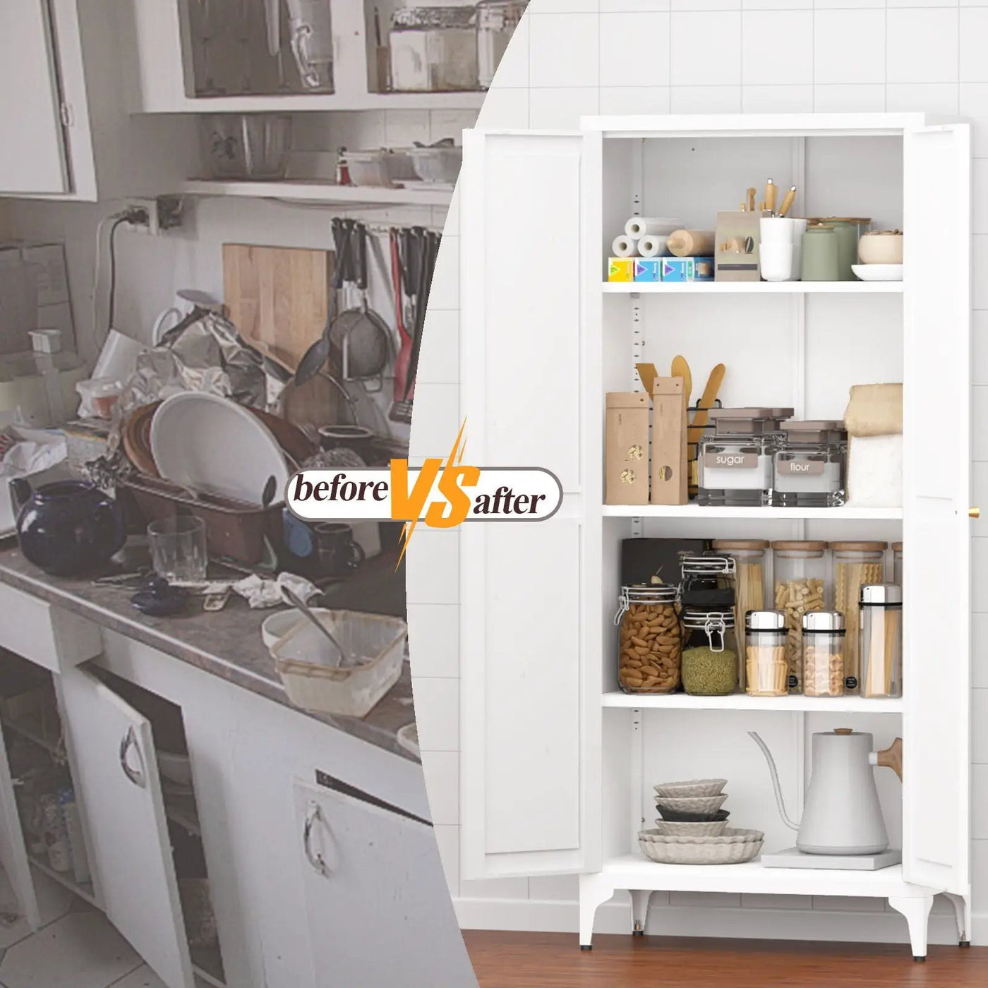 Adjustable 2 Door Kitchen Pantry Cabinet With Striped Design by Unique Piece Furniture