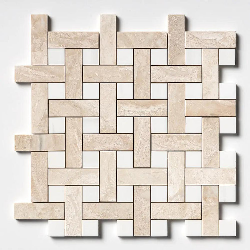 Diana Royal, Snow White Multi Finish Basket Weave 1x3 Marble Mosaics 12x12 by Stonetiledepot