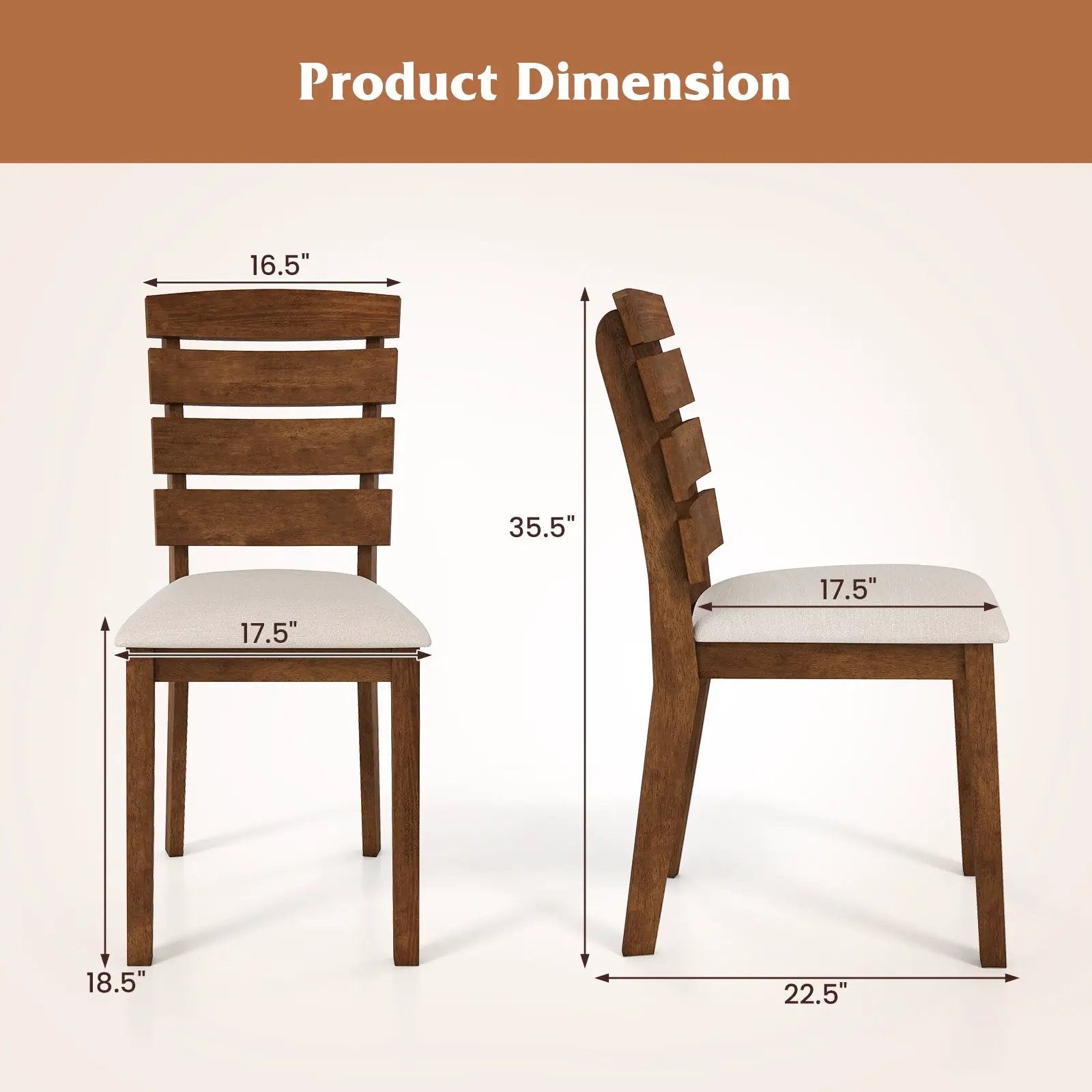 Dining Chair Set of 2 with Slatted High Backrest and Rubber Wood Legs-Brown by DirectDeals