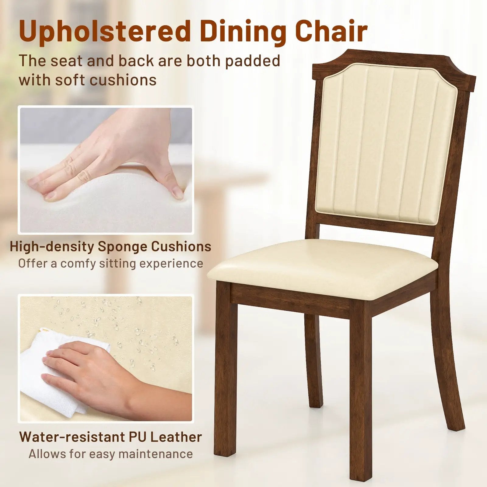 Dining Chair Set of 2 with PU Leather and Rubber Wood Frame-Brown by DirectDeals