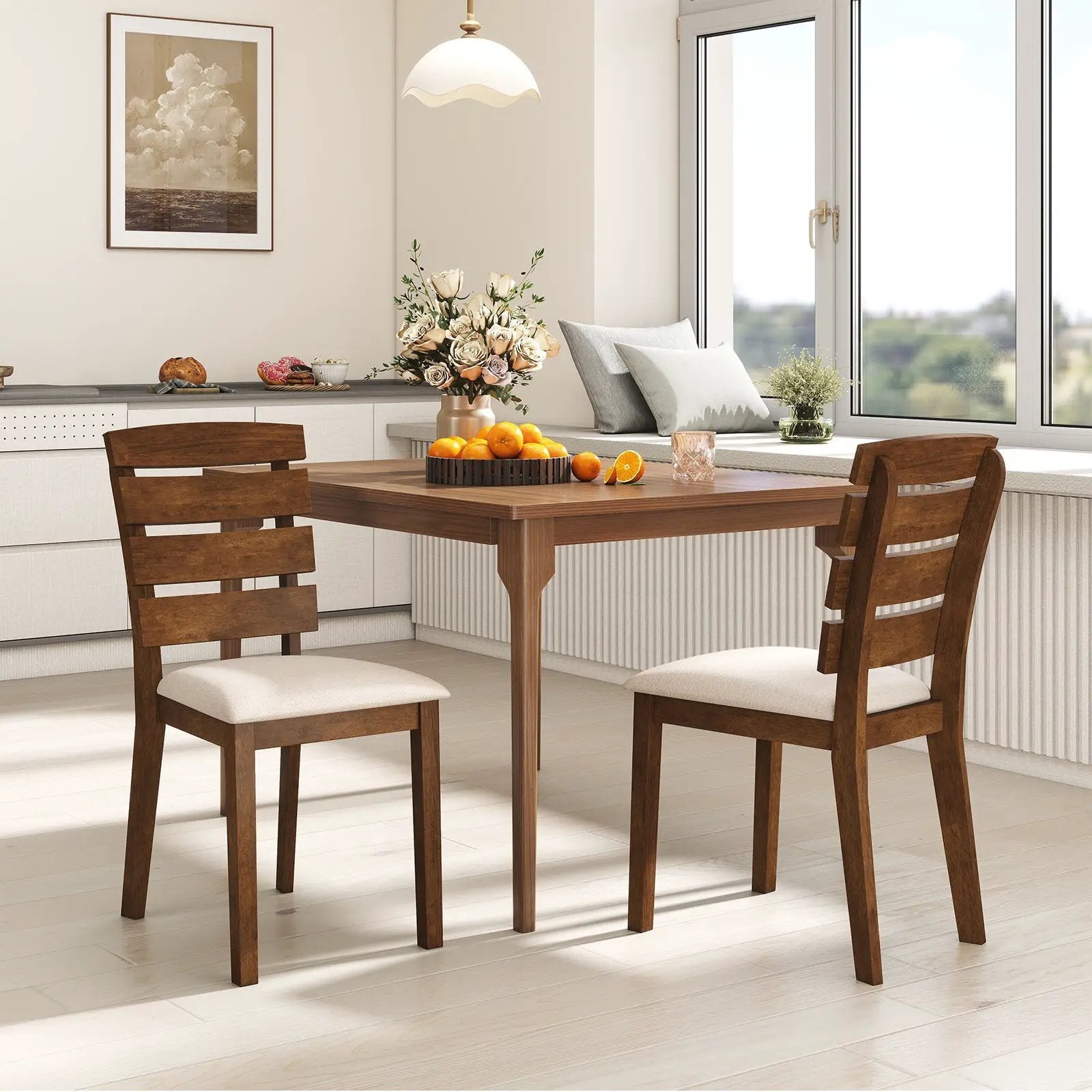Dining Chair Set of 2 with Slatted High Backrest and Rubber Wood Legs-Brown by DirectDeals