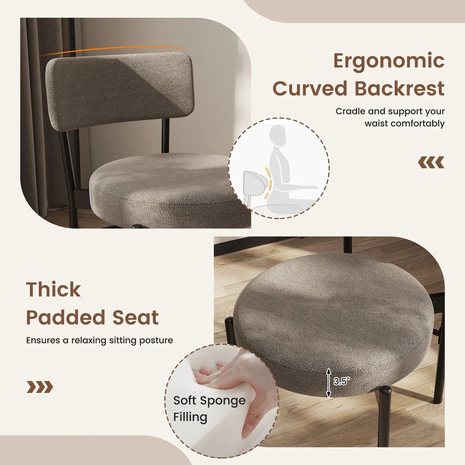 Dining Chair Set of 2 with Curved Backrest and Padded Seat by DirectDeals