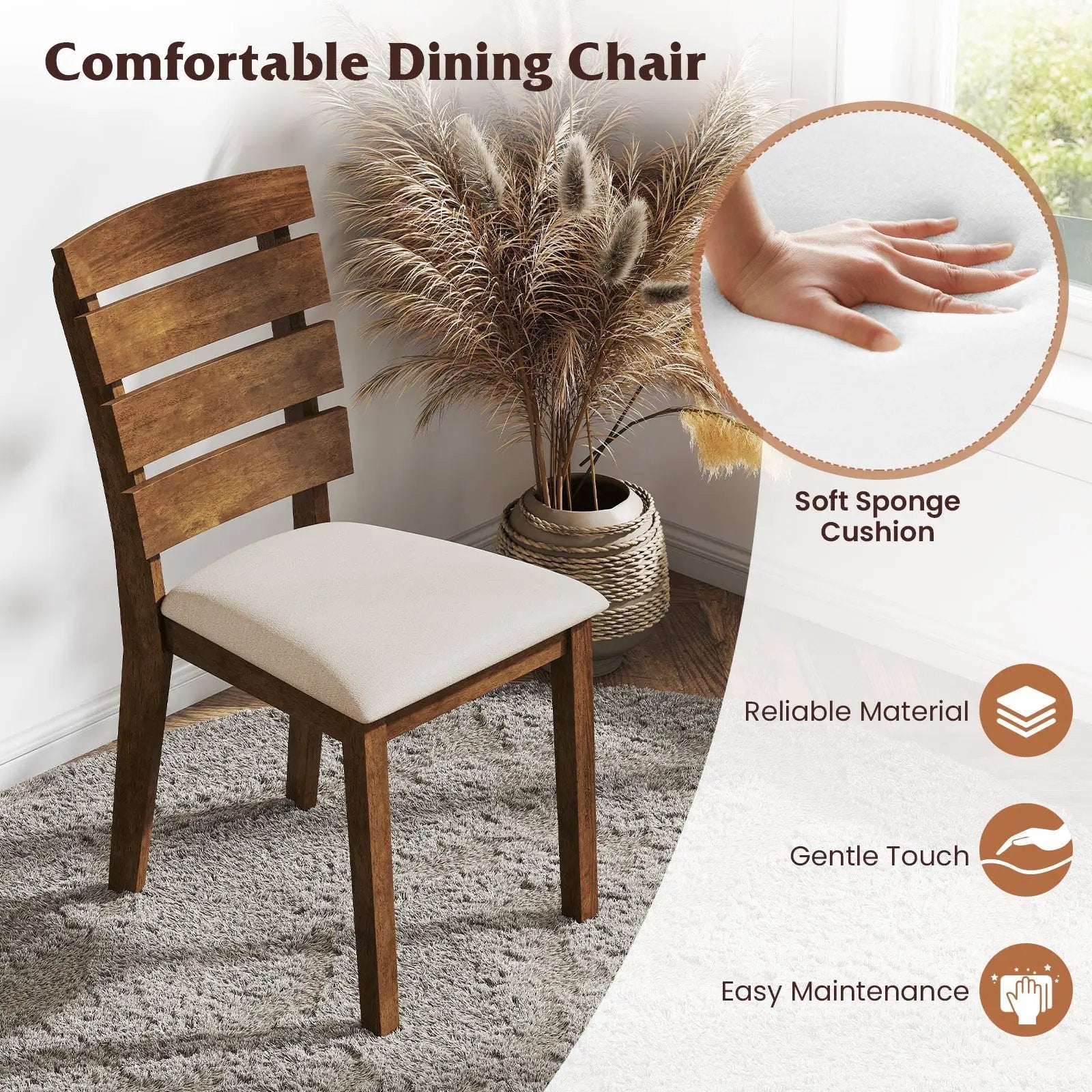 Dining Chair Set of 2 with Slatted High Backrest and Rubber Wood Legs-Brown by DirectDeals