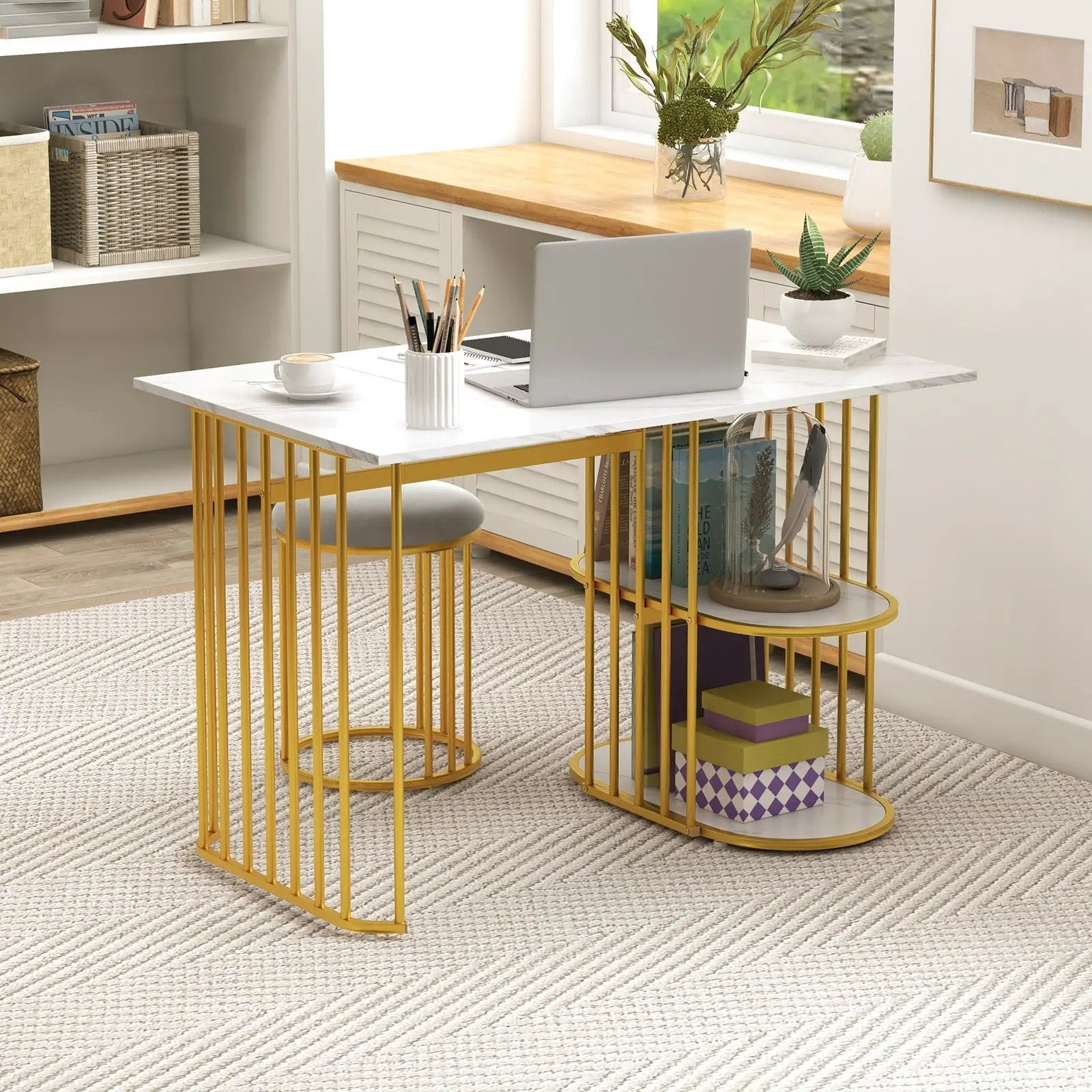 Rectangular Dining Table for 2 with 2-tier Storage Shelf for Small Space Dining Room-White by DirectDeals