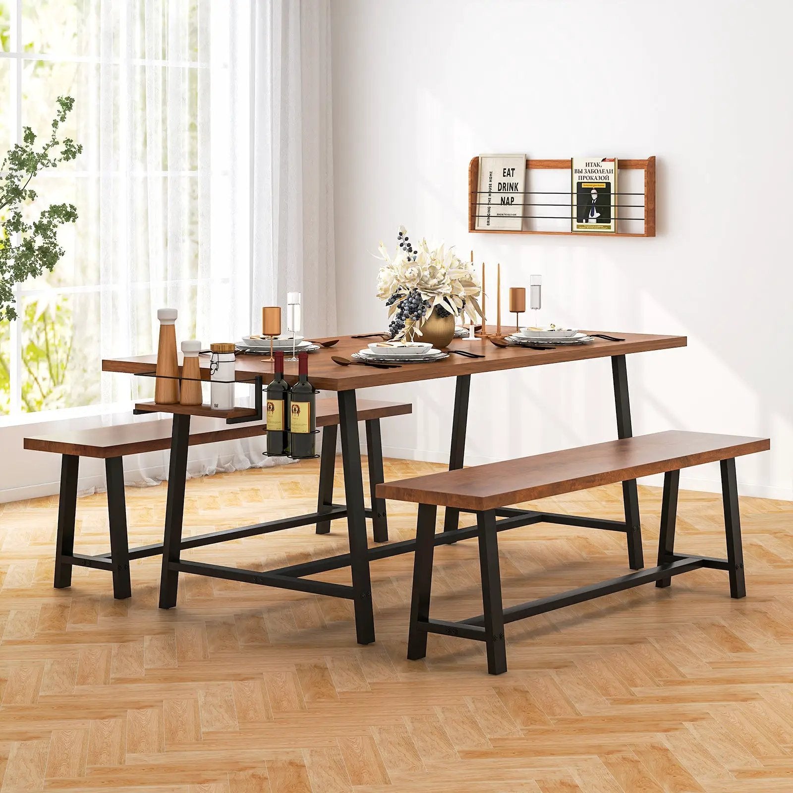 Dining Table Set for 5-7 with 2-Bottle Wine Rack and Condiment Holder by DirectDeals