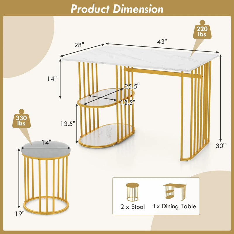 Rectangular Dining Table for 2 with 2-tier Storage Shelf for Small Space Dining Room-White by DirectDeals