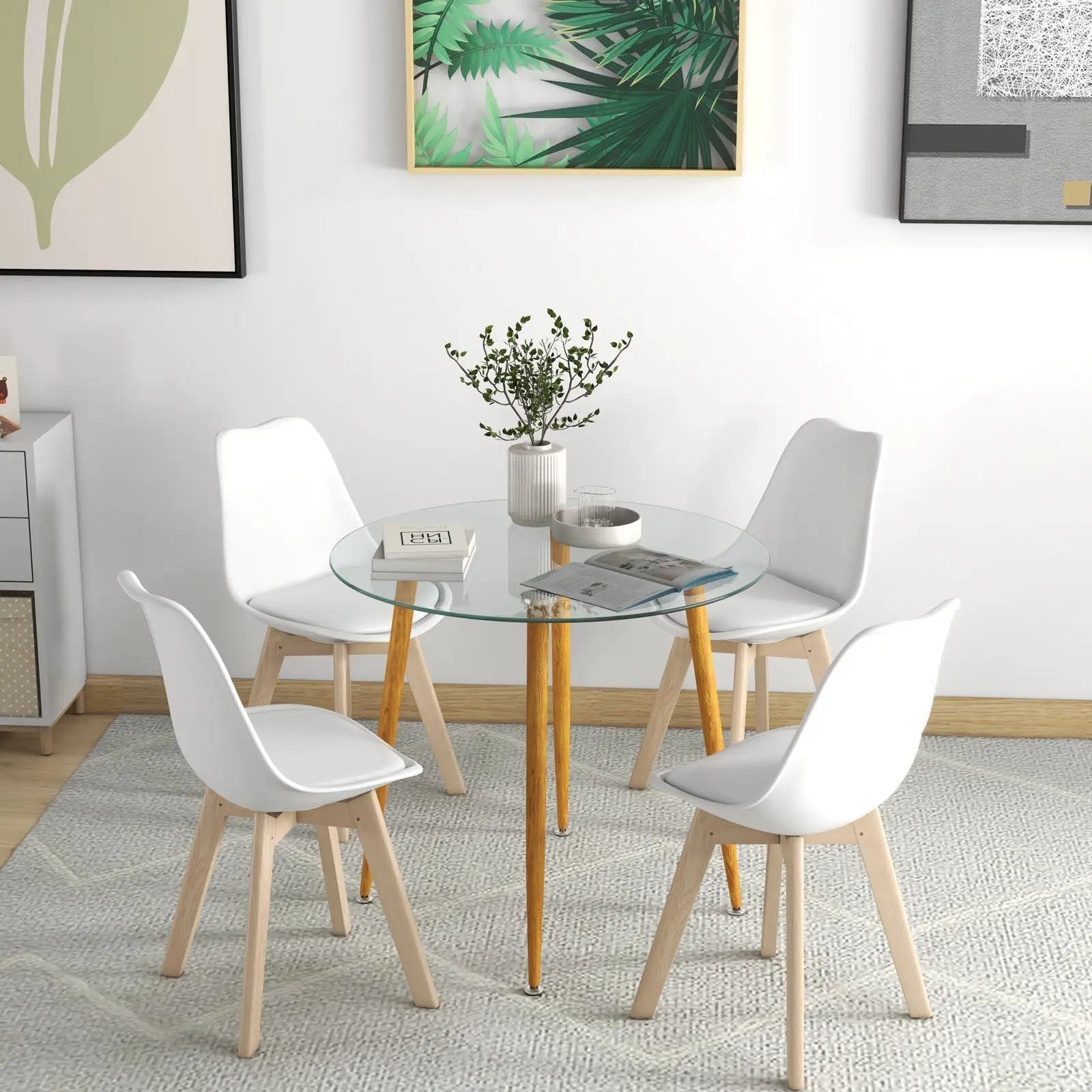 Round Glass Dining Table Leisure Coffee Table with Metal Legs-Natural by DirectDeals